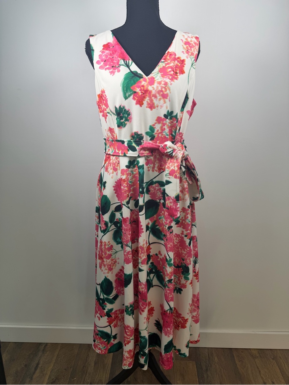 Calvin Klein Cream Midi‎ Dress with Pink Floral Print and Green Leaves Classy